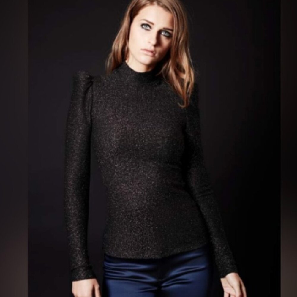 Smythe Pouf poof Sleeve Metallic Mock Neck Top, black with gold Size M